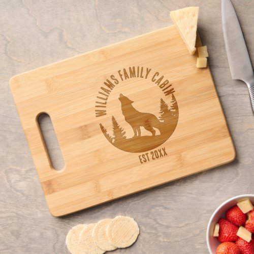 Camp Outdoors Wolf Personalized Family Cabin Name Cutting Board