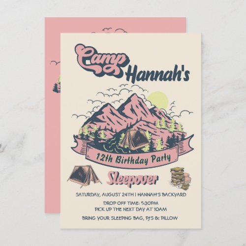 Camp Pink Mountain Birthday Party Sleepover Invitation
