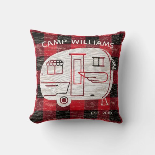 Camp Rustic Red Black Buffalo Plaid Family Name Throw Pillow