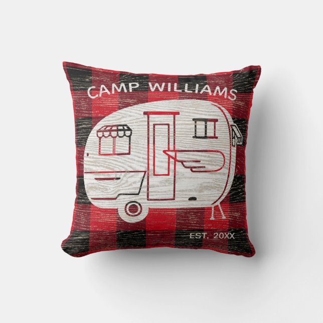 Camp Rustic Red Black Buffalo Plaid Family Name Throw Pillow (Front)