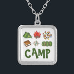 CAMP Tent Campfire Compass Camping Smores Necklace<br><div class="desc">Necklace features an original marker illustration of camping-themed items including a campfire,  smores,  trail mix,  tent,  compass,  and sleeping bag,  with CAMP in a fun font.</div>