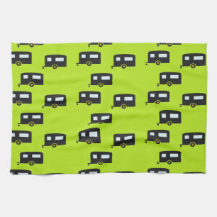 Camp trailers on green kitchen towel