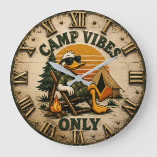 Camp Vibes Only Funny Camping Duck Rustic Outdoor Large Clock