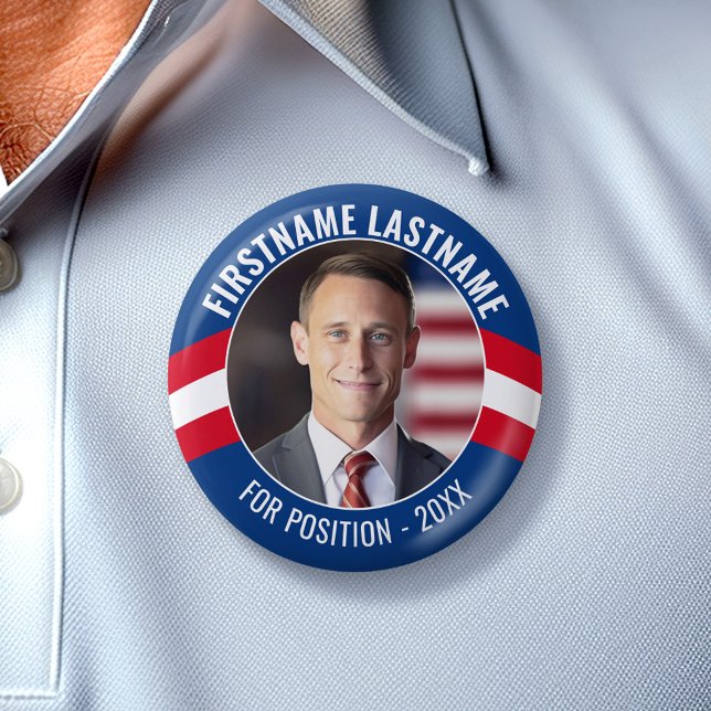 Campaign Photo with curved type - Red White Blue Button (Custom Campaign Button - Great Personalized Rally button for Your Next Election)