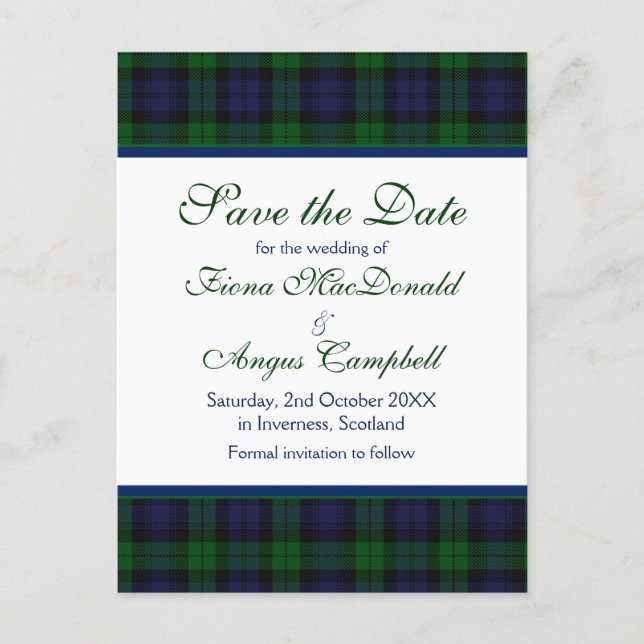 Campbell Black Watch Tartan Wedding Save the Date Announcement Postcard (Front)