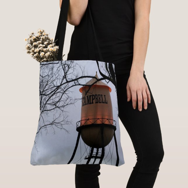 Campbell CA Water Tower Brushed Polyester Tote Bag (Close Up)