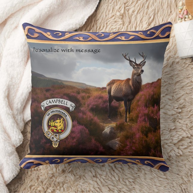 Campbell Clan Badge & Stag Personalized Throw Pillow (Blanket)