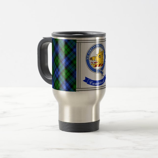 Campbell Clan Badge & Tartan Personalized Travel Mug (Front Left)