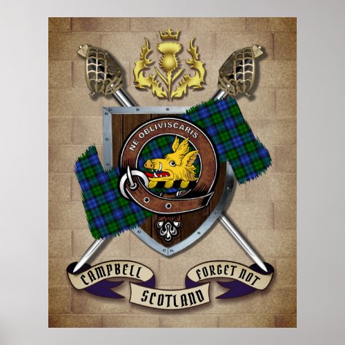 Campbell Clan Badge WCrossed Swords   Poster