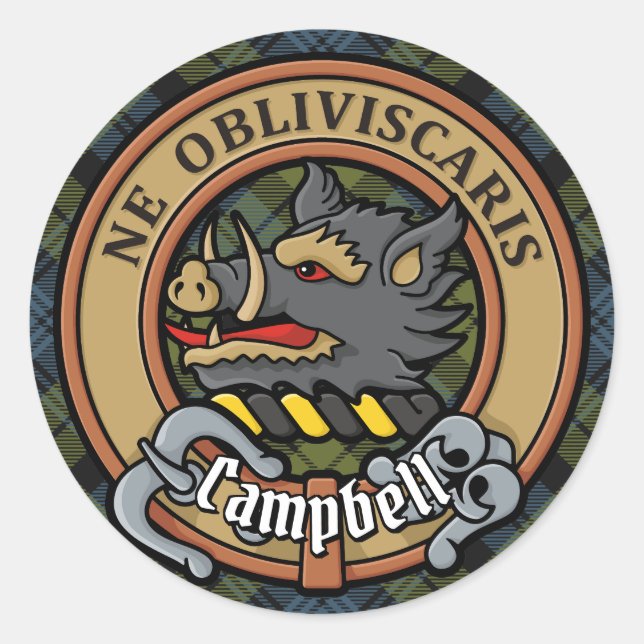 Campbell Crest over Tartan Classic Round Sticker (Front)