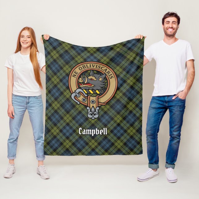 Campbell Crest over Tartan Fleece Blanket (In Situ)