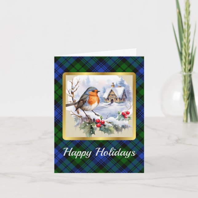 Campbell Crest & Tartan w/Robin Personalized Xmas Card (Front)