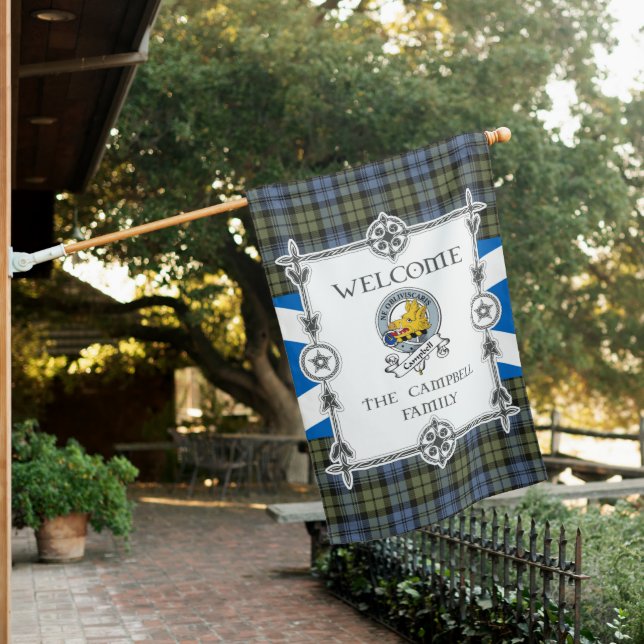 Campbell Faded Tartan Garden Flag - Clan Badge Tar (In SItu)