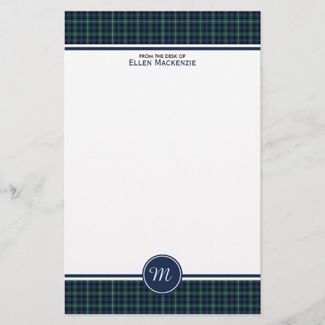 Campbell Family Tartan Navy Blue Plaid Monogram Stationery (Front)