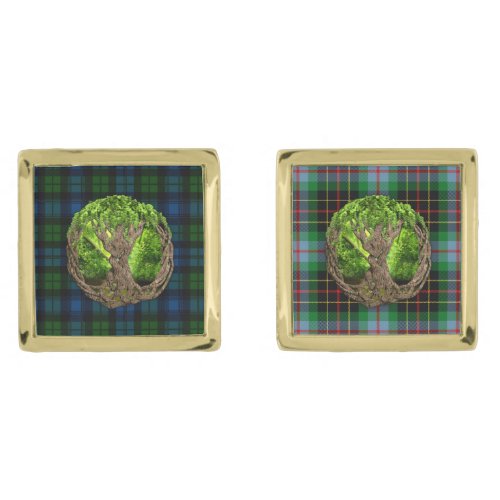 Campbell Military Tartan And Celtic Tree Of Life Gold Cufflinks
