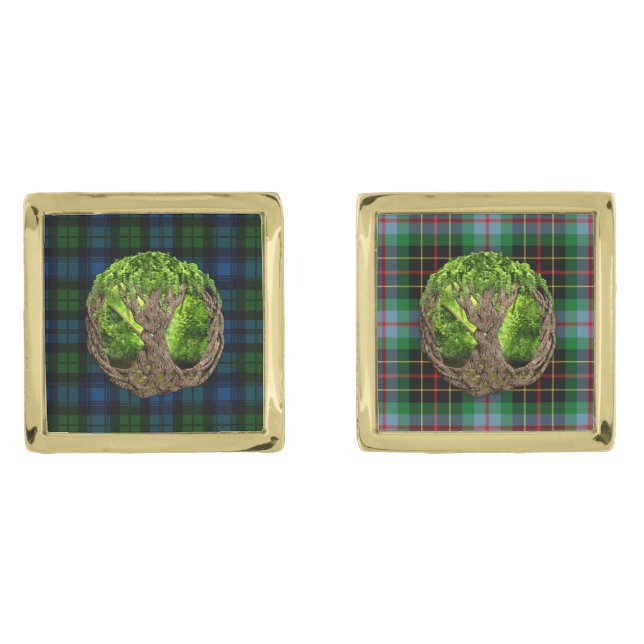 Campbell Military Tartan And Celtic Tree Of Life Gold Cufflinks (Front)