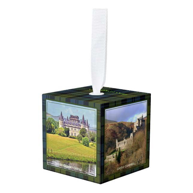 Campbell Scottish Clan Castles Tartan Xmas Cube Ornament (Front Angled)