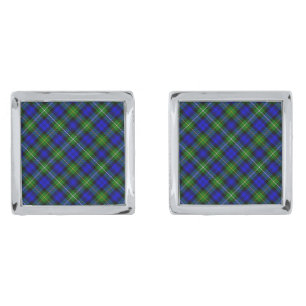 Campbell tartan blue green plaid silver cufflinks