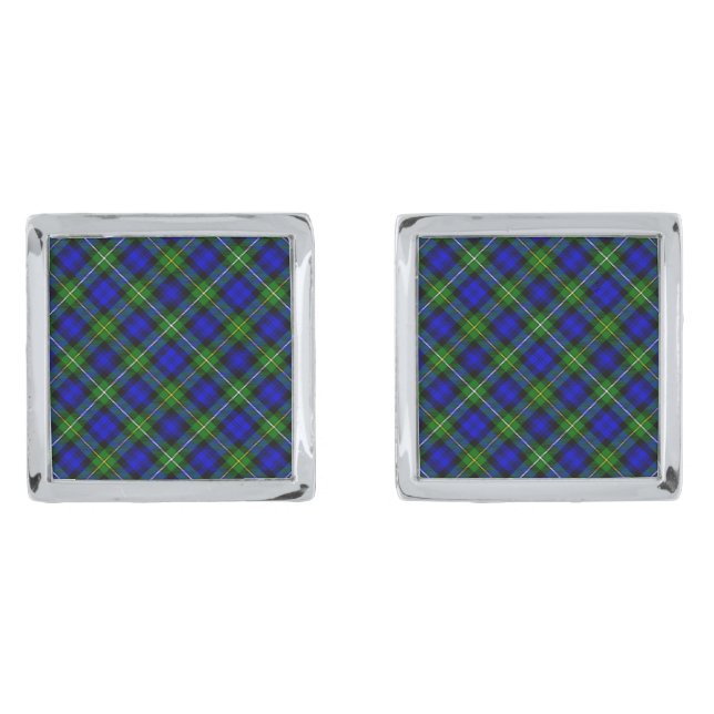 Campbell tartan blue green plaid silver cufflinks (Front)