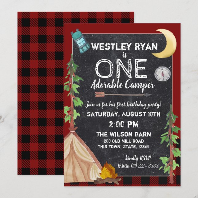 Camper Buffalo Plaid 1st Birthday Camping Invitation (Front/Back)