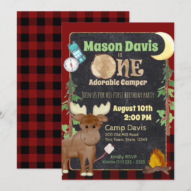 Camper Buffalo Plaid 1st Birthday Camping Invitation (Front/Back)