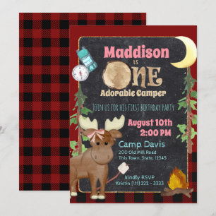 Camper Buffalo Plaid 1st Birthday Camping Invitation