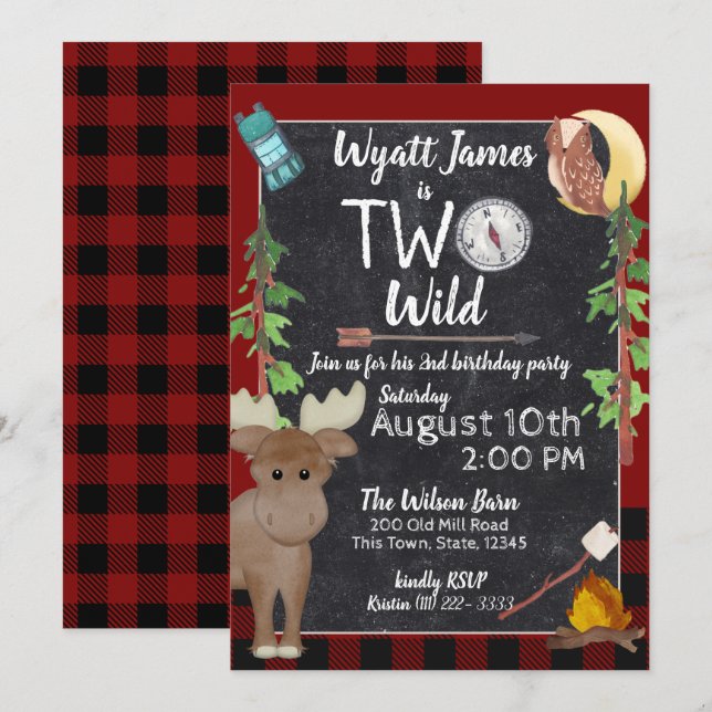 Camper Buffalo Plaid 2nd Birthday Camping Invitation (Front/Back)
