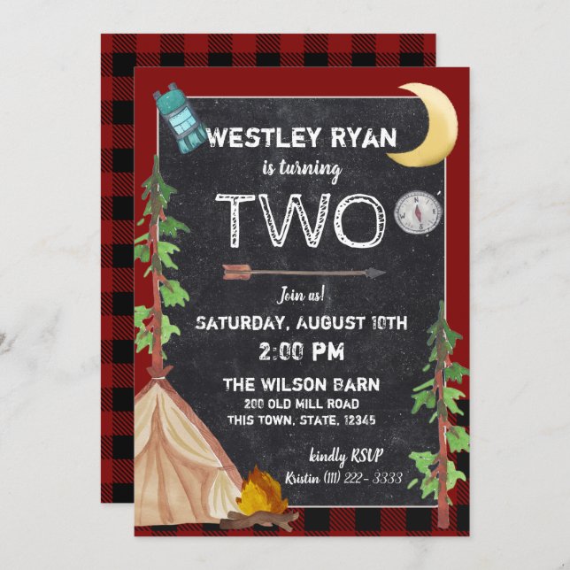Camper Buffalo Plaid Birthday Camping Invitation (Front/Back)