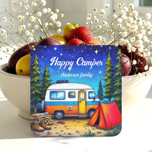 Camper Camping Blue Green Nature Watercolor Beverage Coaster