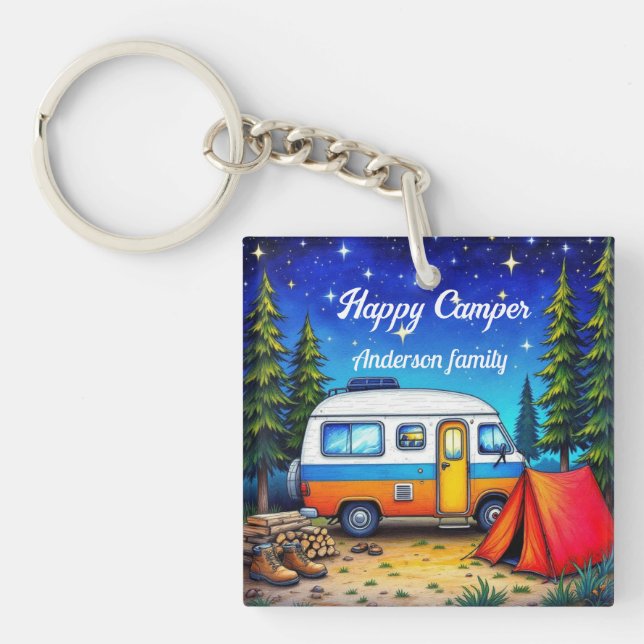 Camper Camping Blue Green Nature Watercolor  Keychain (Front)