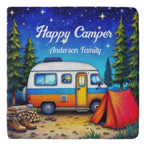 Camper Camping Blue Green Nature Watercolor Trivet