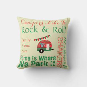 Camper Caravan Sayings Retro Red Green Wordcloud Throw Pillow