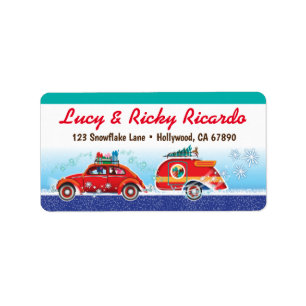 Camper + Classic Bug Car Christmas Card Label