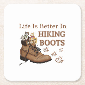 Camper Gift | Life Is Better In Hiking Boots Cat Square Paper Coaster