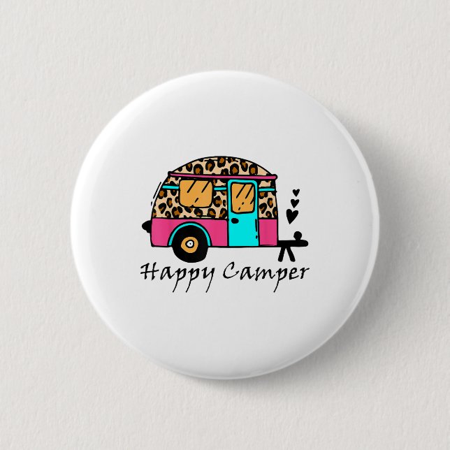 Camper Happy Summer Camp Camping Leopard Funny Gla Button (Front)