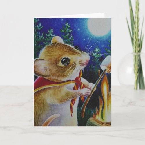 Camper Mouse Roasting Marshmallows Watercolor Art  Card