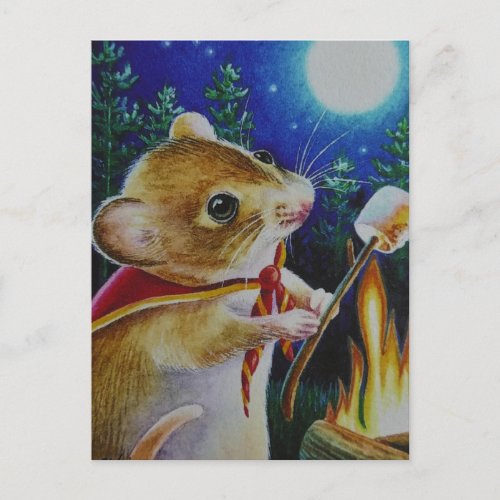 Camper Mouse Roasting Marshmallows Watercolor Art Postcard