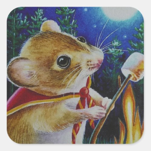 Camper Mouse Roasting Marshmallows Watercolor Art  Square Sticker