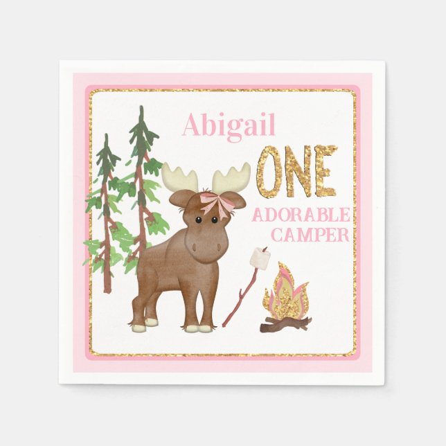 Camper Pink Buffalo 1st Birthday with Moose Napkins (Front)