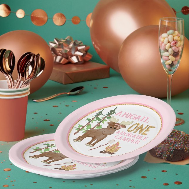 Camper Pink Buffalo 1st Birthday with Moose Paper Plates (Multi)
