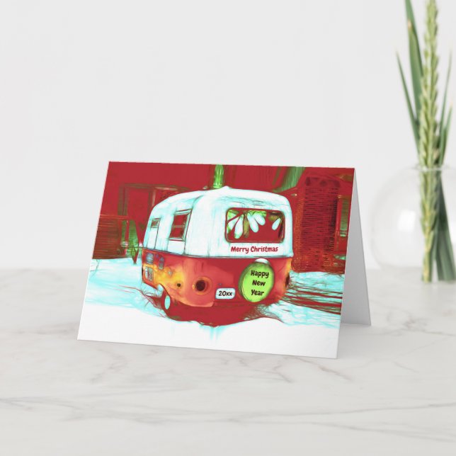 Camper Retro Christmas Red Green Vintage Holiday Card (Front)