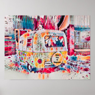 Camper Retro Hippie Road Trip To Happiness Freedom Poster