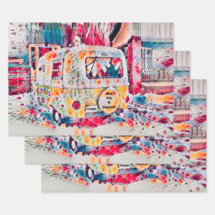Camper Retro Hippie Road Trip To Happiness Freedom Wrapping Paper Sheets