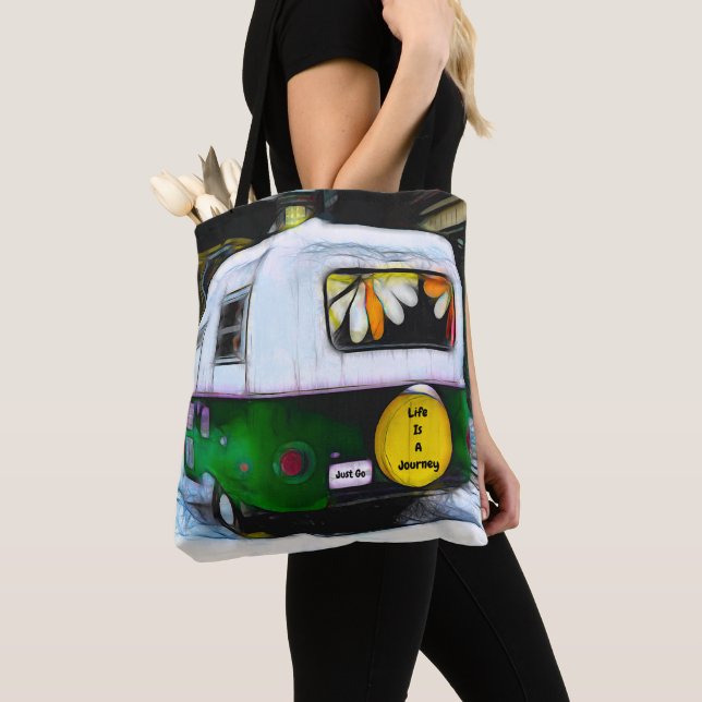 Camper Retro Life Is A Journey Just Go Hippie Tote Bag (Close Up)