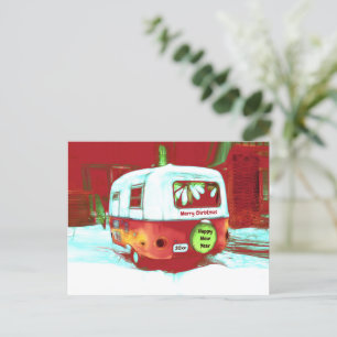 Camper Retro Vintage Christmas Red Green Holiday Postcard