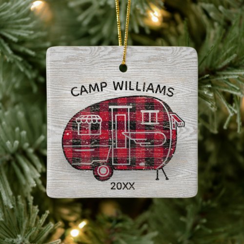 Camper Rustic Red Buffalo Plaid Family Name Xmas Ceramic Ornament