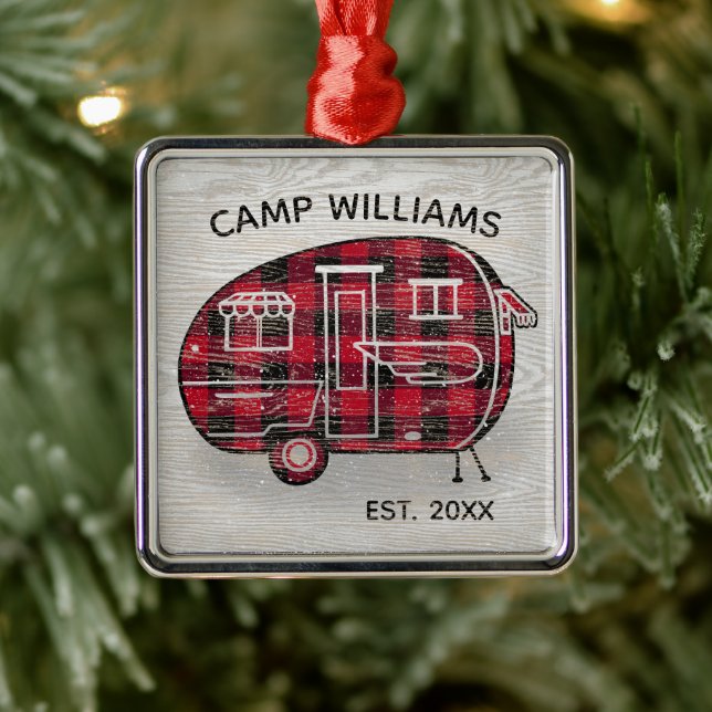 Camper Rustic Red Buffalo Plaid Monogram Holiday Metal Ornament (Tree)