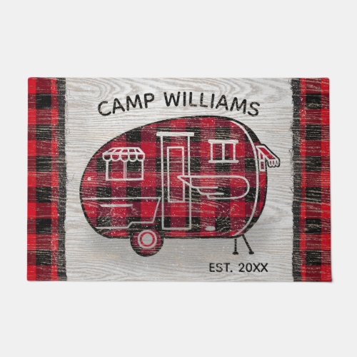 Camper Rustic Red Buffalo Plaid Monogram Name Doormat