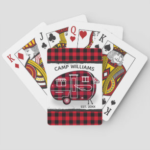 Camper Rustic Red Buffalo Plaid Monogram Name Poker Cards
