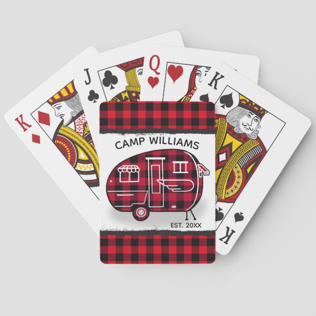 Camper Rustic Red Buffalo Plaid Monogram Name Poker Cards (Back)